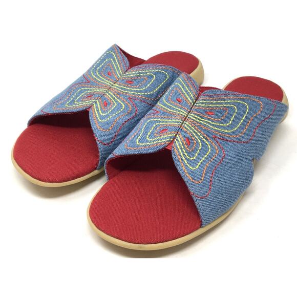 Vintage Embroidered Butterfly Sandals Women's Sz 8 Blue Denim Colorful Sandals - Picture 3 of 6